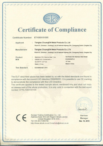 Çin Tsingtao ChuangEn Metal Products Co.,Ltd Sertifikalar